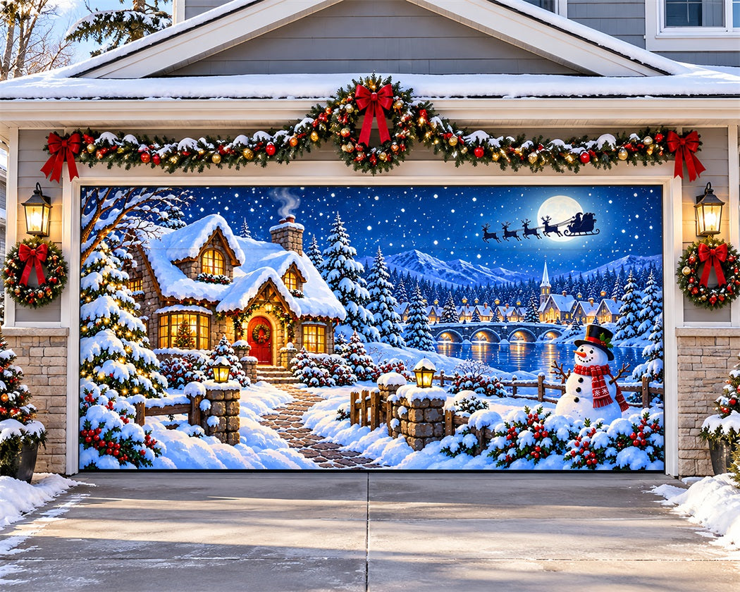 Snow Village Christmas Garage Door Cover Winter Snowman Forest Christmas Garage Door Banner Decoration LXX610-45-2 Car