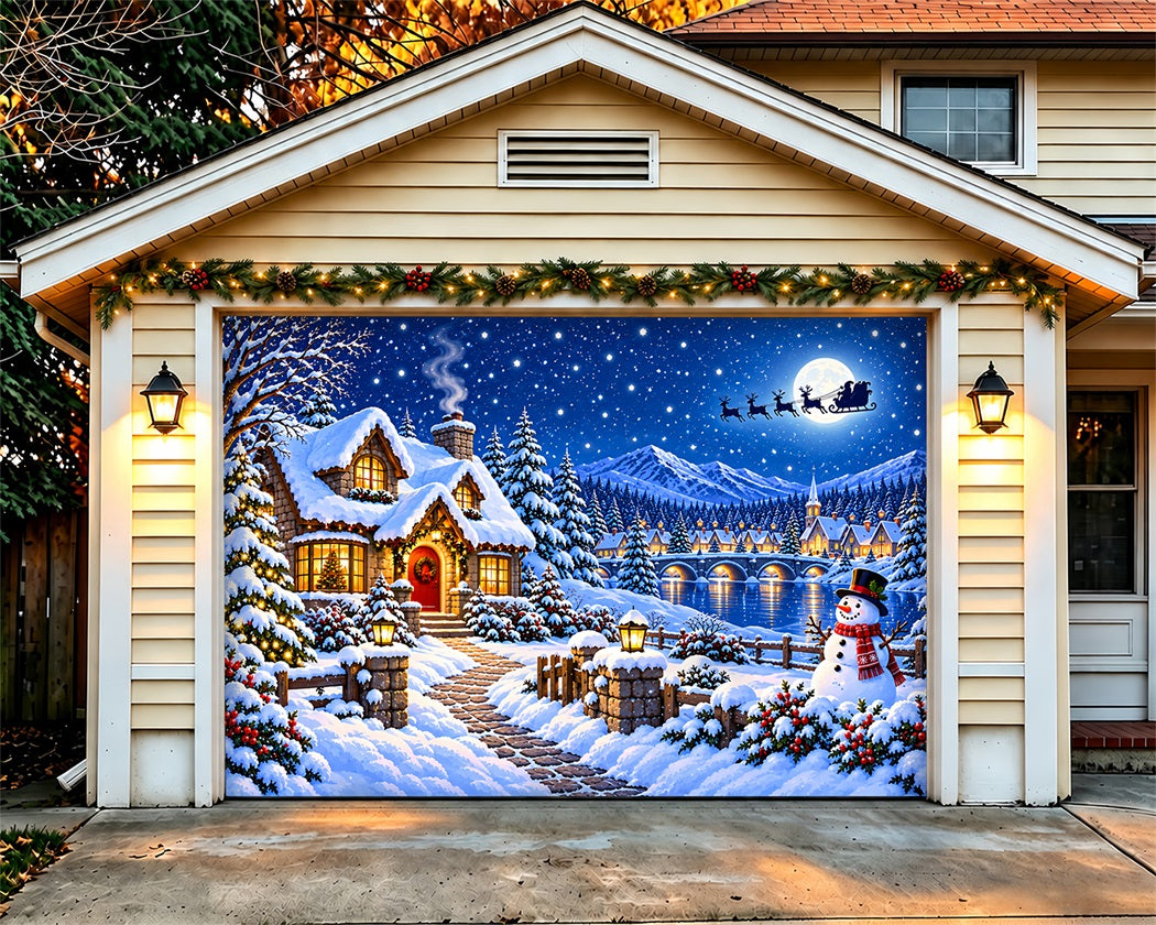 Snow Village Christmas Garage Door Cover Winter Snowman Forest Christmas Garage Door Banner Decoration LXX610-45-1 Car