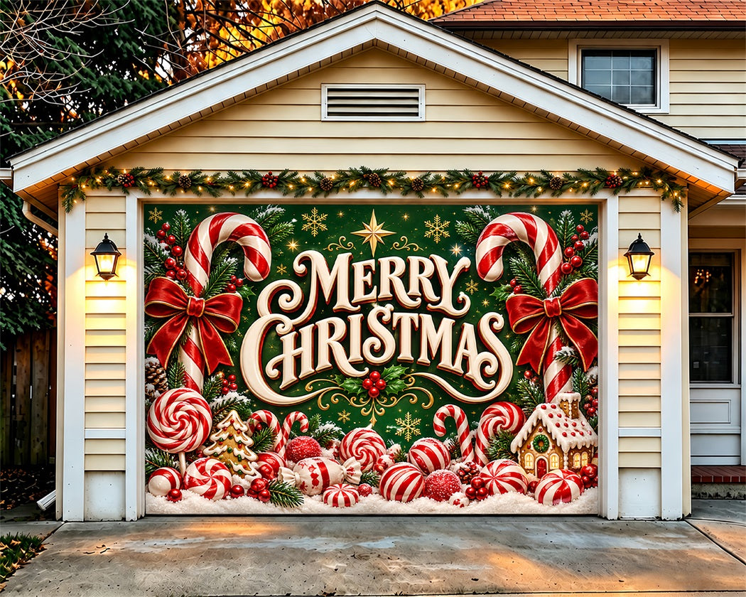 Merry Christmas Garage Door Cover Candy Cane Bow Christmas Garage Door Cover LXX610-46-1 Car