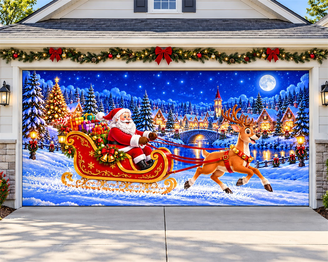 Santa Reindeer Christmas Garage Door Banner Snowy Forest Village Christmas Garage Door Decoration LXX610-47-2 Car