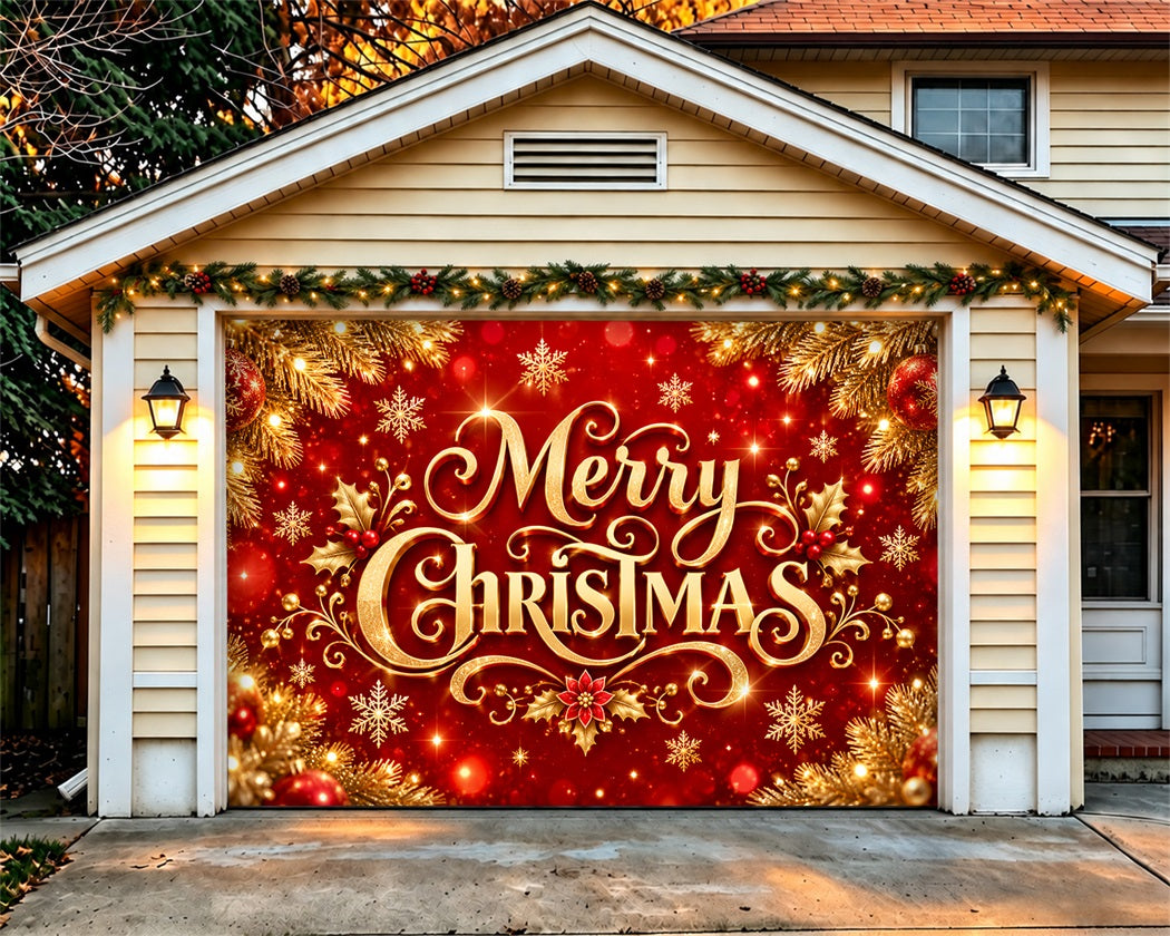 Christmas Party Garage Door Cover Golden Red Lettering Christmas Holiday Garage Door Cover LXX610-52-1 Car