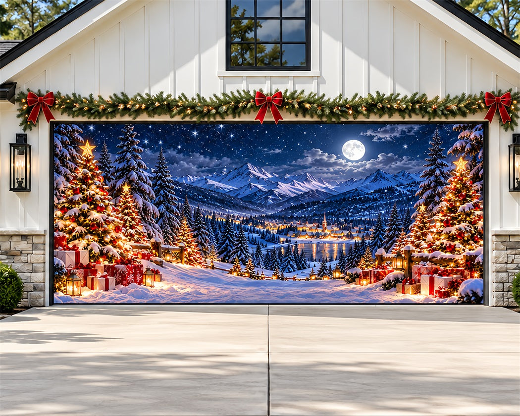 Snow Mountain Christmas Garage Door Banner Moonlit Forest Gifts Christmas Garage Door Cover LXX610-55-2 Car