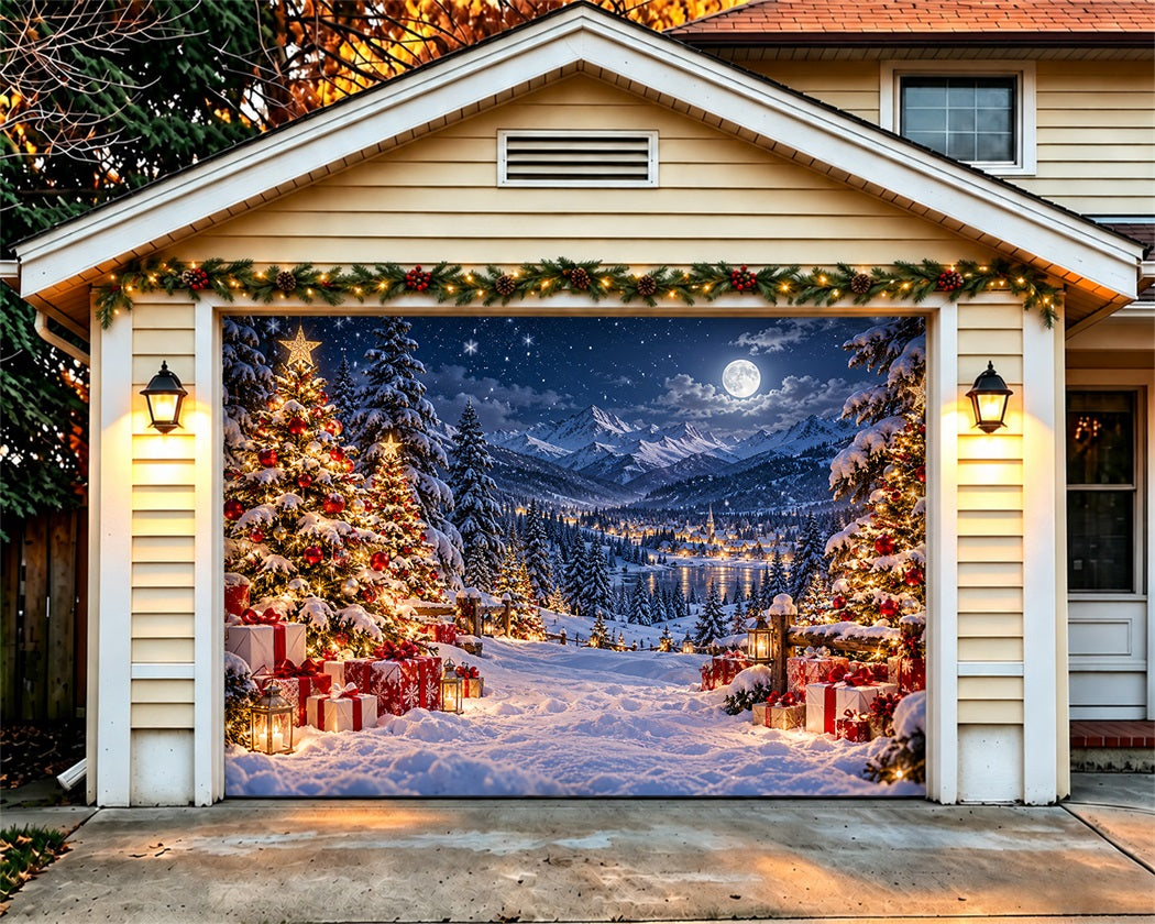 Snow Mountain Christmas Garage Door Banner Moonlit Forest Gifts Christmas Garage Door Cover LXX610-55-1 Car