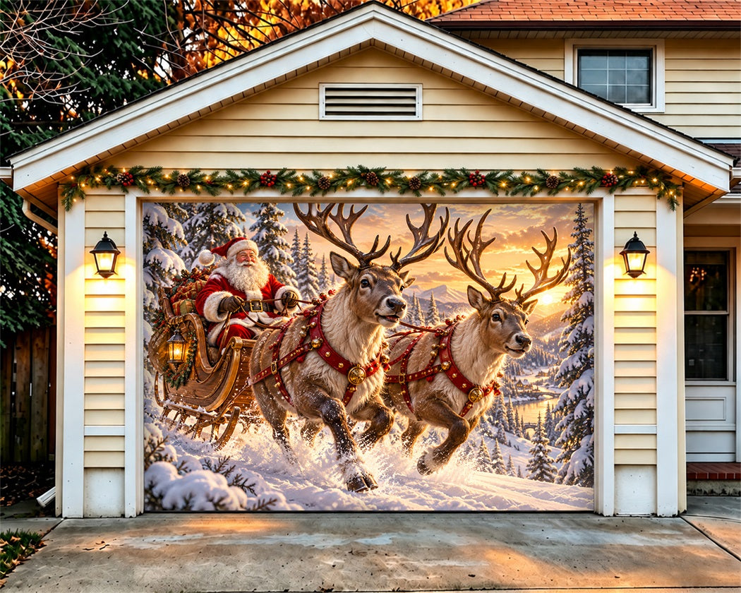 Merry Christmas Garage Door Cover Santa Reindeer Sleigh Christmas Garage Door Decor LXX610-57-1 Car