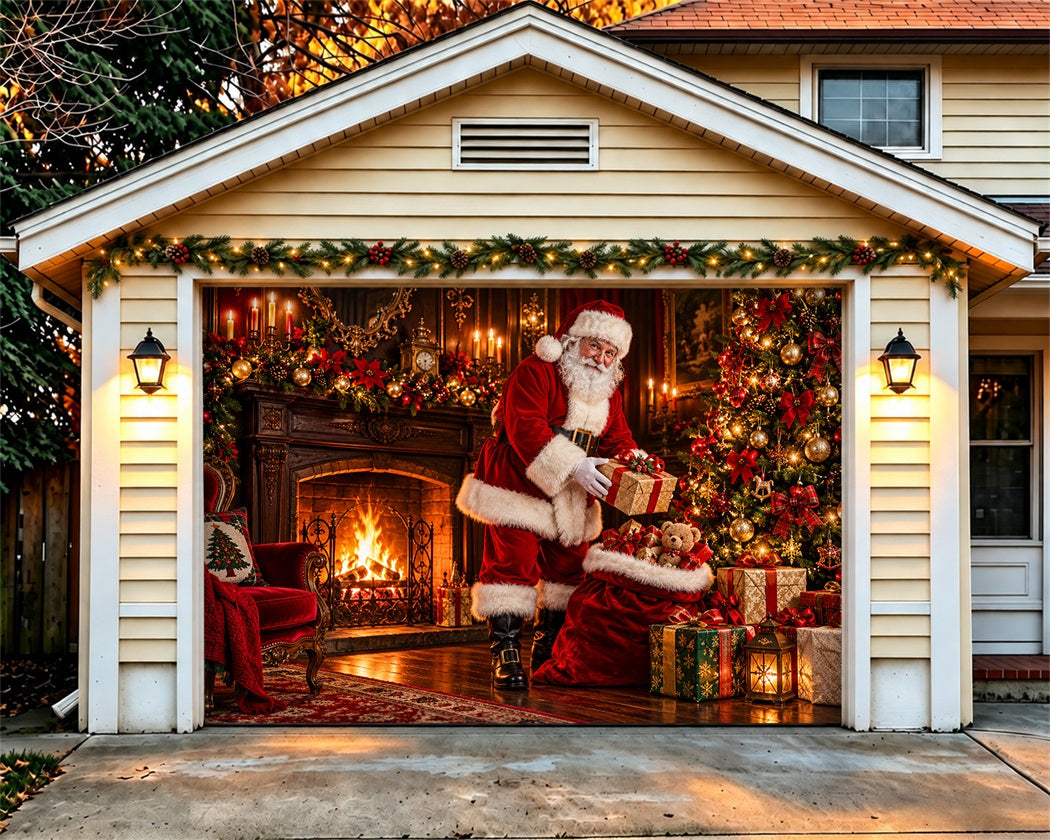 Santa Fireplace Christmas Garage Door Cover Toy Gift Ornament Christmas Garage Door Banner LXX610-58-1 Car