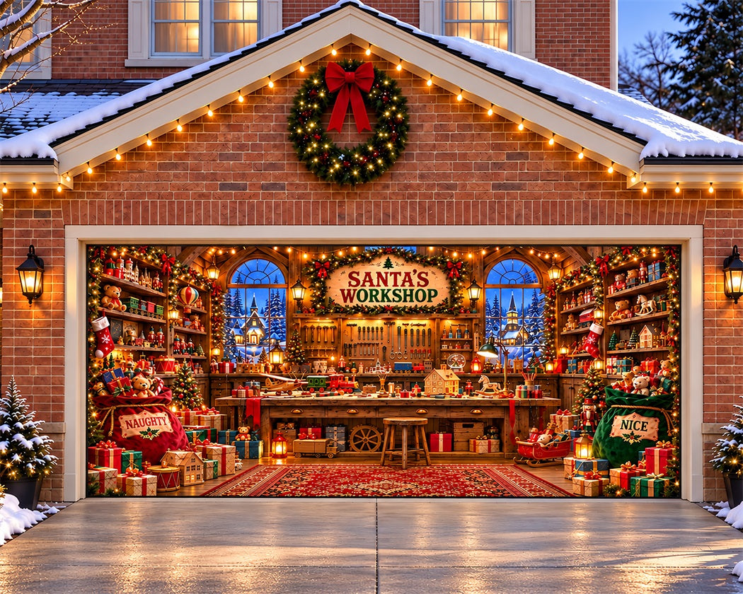 Santa Workshop Christmas Garage Door Cover Toy Gifts Window Christmas Holiday Garage Door Cover LXX610-6-2 Car