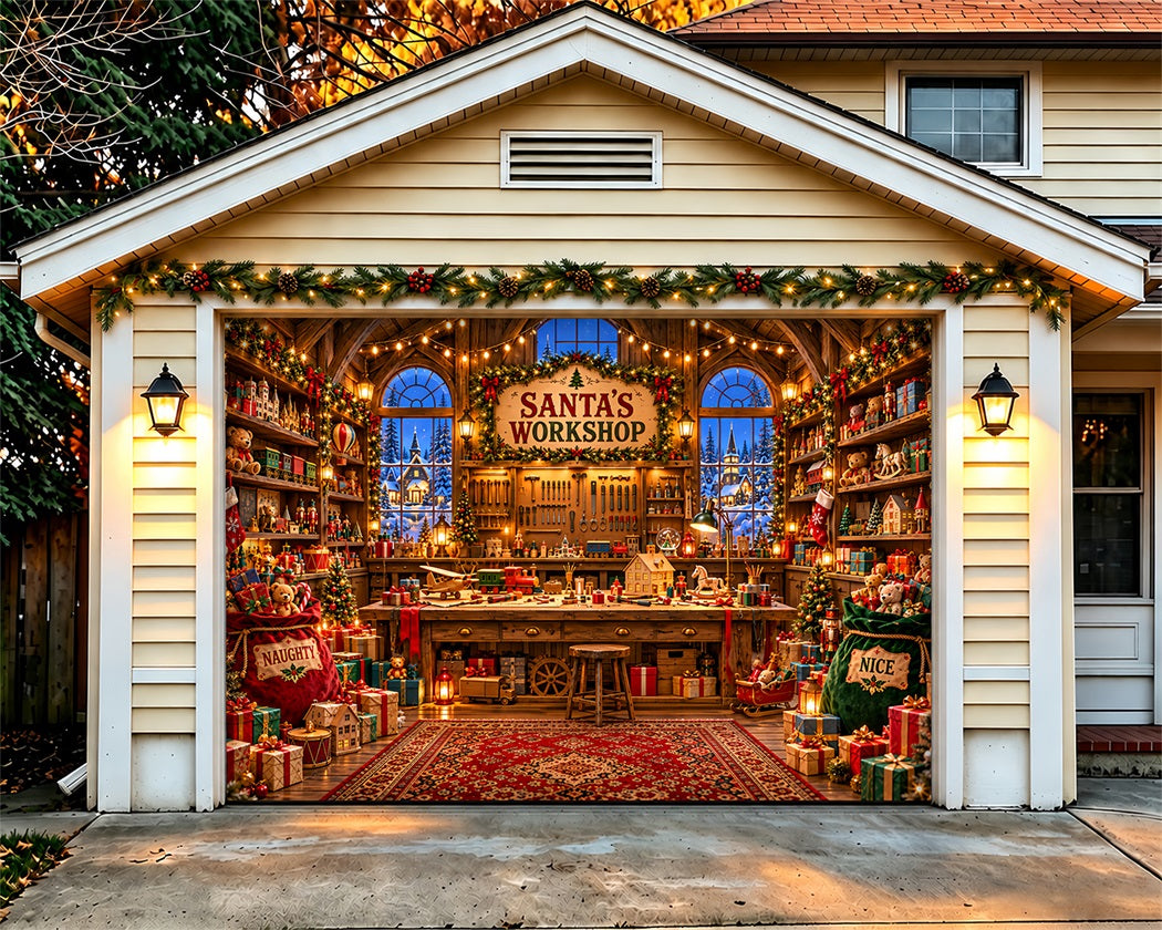 Santa Workshop Christmas Garage Door Cover Toy Gifts Window Christmas Holiday Garage Door Cover LXX610-6-1 Car