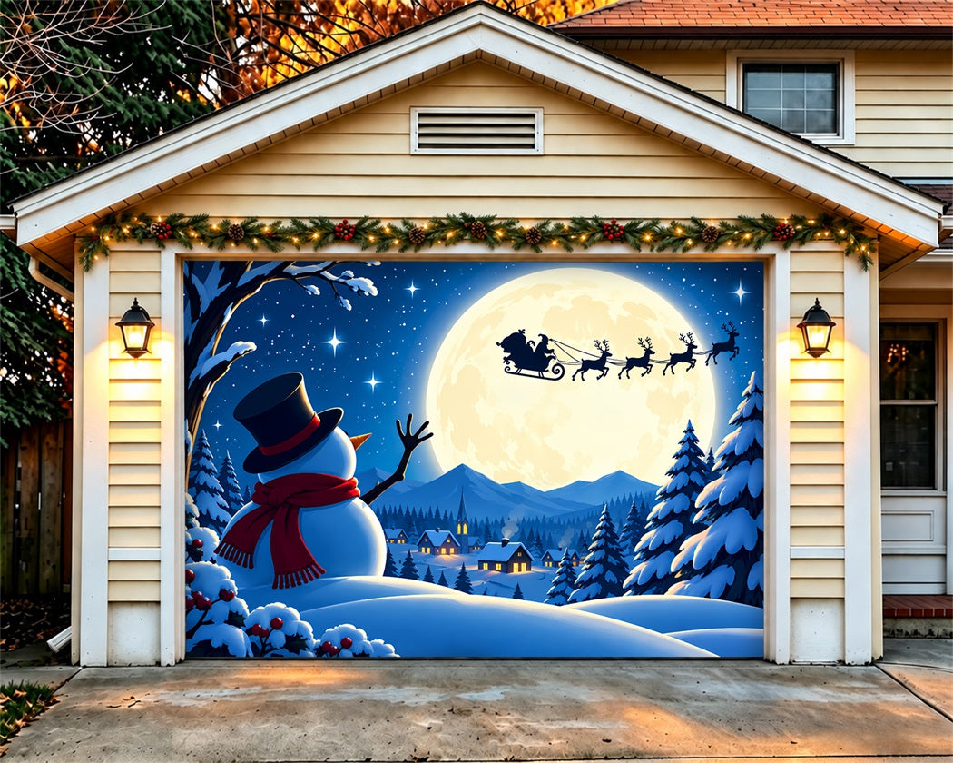 Snow Village Christmas Garage Door Cover Moonlit Santa Sleigh Christmas Outdoor Garage Door Decor LXX610-62-1 Car