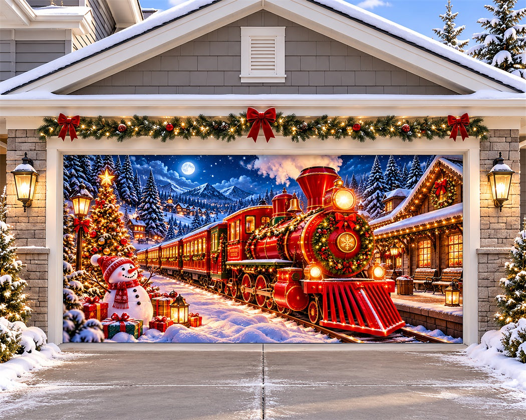 Train Christmas Garage Door Cover Festive Snowman Village Christmas Garage Door Decor LXX610-66-2 Car