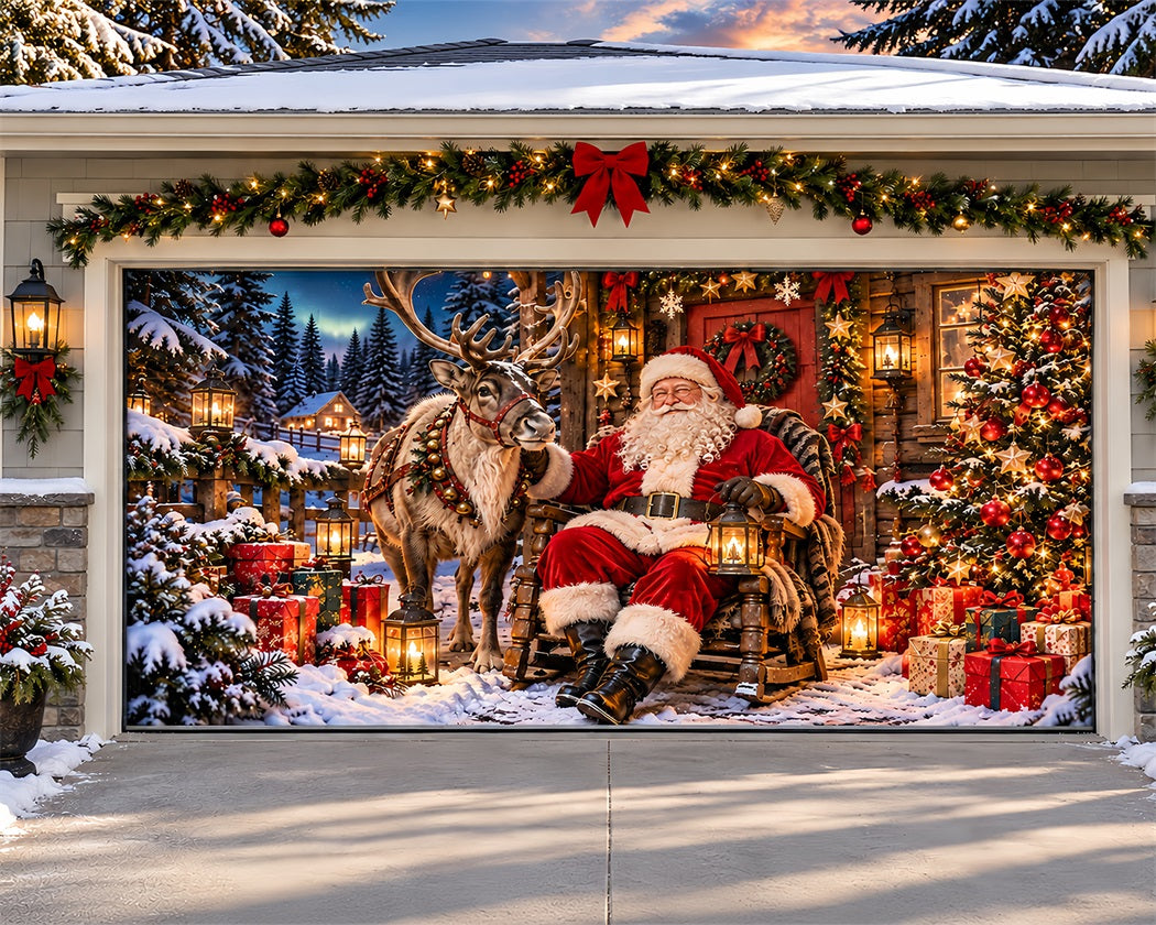 Santa Claus Christmas Garage Door Cover Reindeer Cabin Wreath Christmas Garage Door Banner LXX610-67-2 Car
