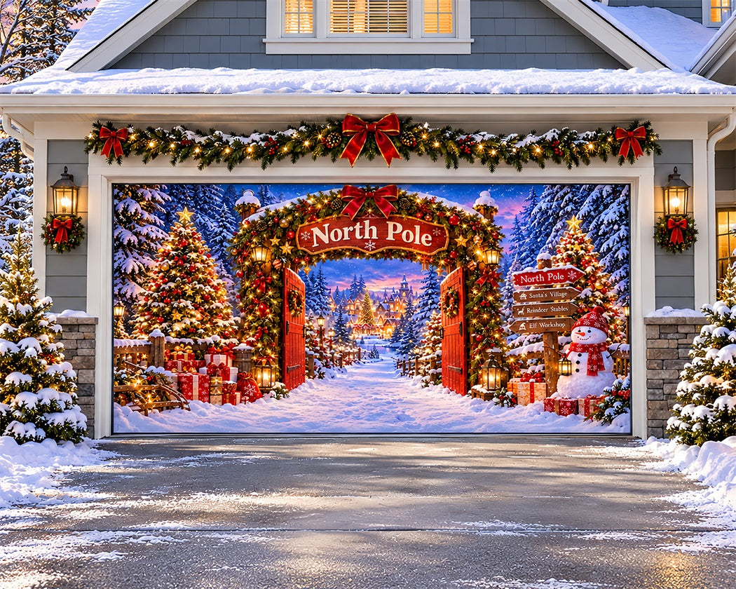 North Pole Christmas Garage Door Cover Snowman Forest Entrance Outdoor Christmas Garage Door Cover LXX610-69-2 Car