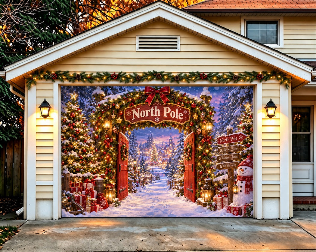 North Pole Christmas Garage Door Cover Snowman Forest Entrance Outdoor Christmas Garage Door Cover LXX610-69-1 Car