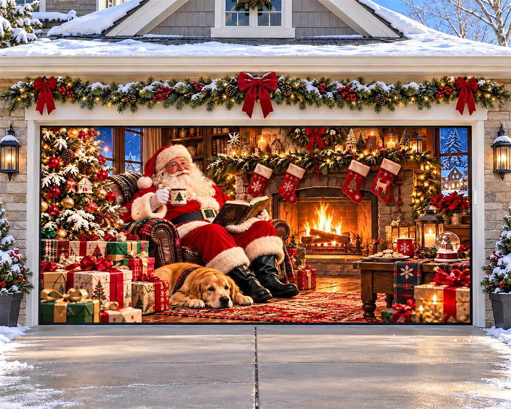 Cozy Christmas Garage Door Cover Santa Fireplace Reading Christmas Outdoor Garage Door Decor LXX610-71-2 Car