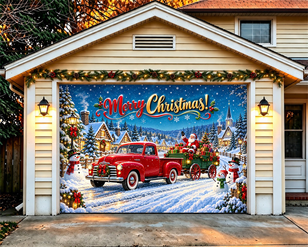 Christmas Truck Garage Door Banner Santa Snowman Village Christmas Garage Door Cover LXX610-73-1 Car