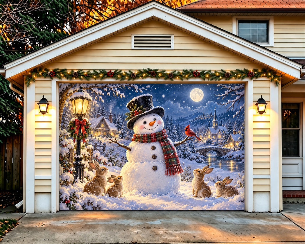 Snow Scene Christmas Garage Door Cover Snowman Rabbit Village Christmas Garage Door Banner LXX610-76-1 Car