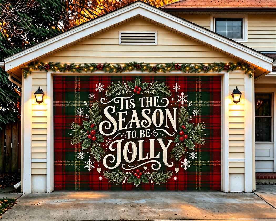 Modern Christmas Garage Door Cover Tartan Holly Typography Christmas Garage Door Decor LXX610-80-1 Car