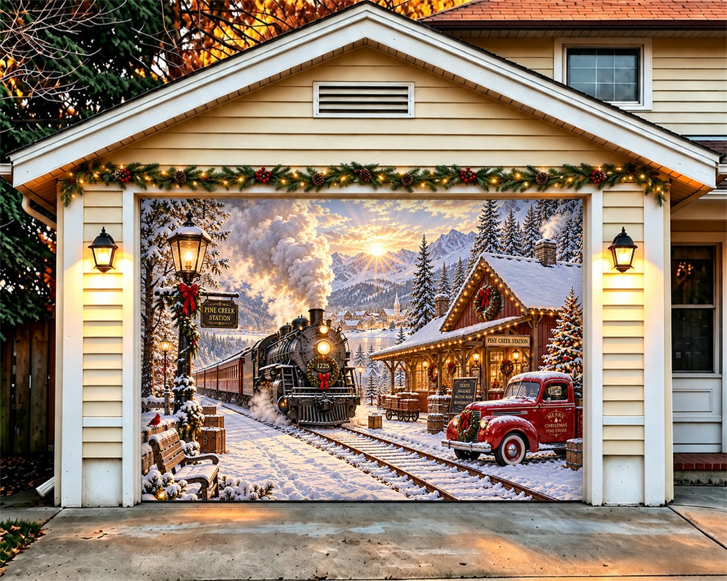 Train Christmas Garage Door Cover Snowy Station Truck Christmas Garage Door Banner Decoration LXX610-81-1 Car