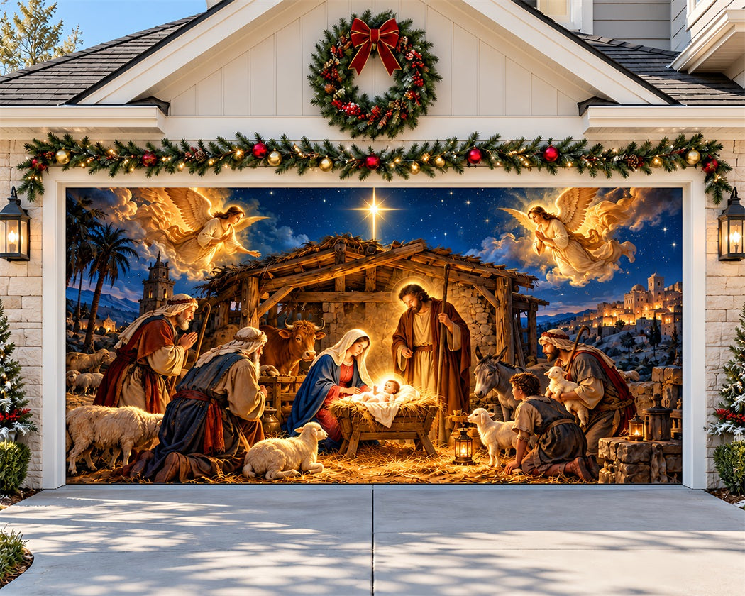 Nativity Christmas Garage Door Cover Bethlehem Angel Gathering Outdoor Christmas Garage Door Cover LXX610-87-2 Car