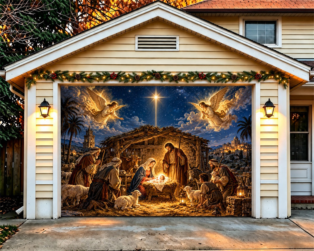 Nativity Christmas Garage Door Cover Bethlehem Angel Gathering Outdoor Christmas Garage Door Cover LXX610-87-1 Car