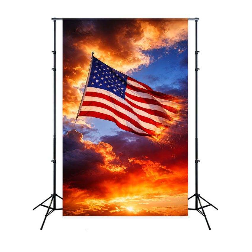 American Flag Backdrop Photography Blazing Sunset Clouds Glow 4th of July Backdrop LXX62-12