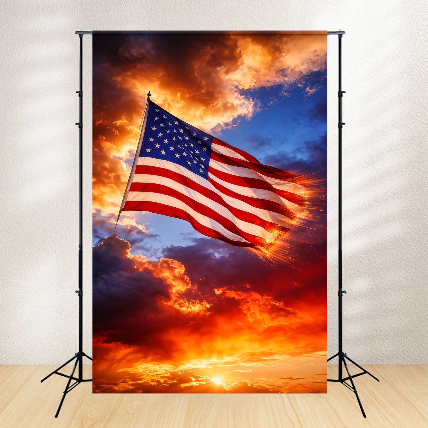 American Flag Backdrop Photography Blazing Sunset Clouds Glow 4th of July Backdrop LXX62-12