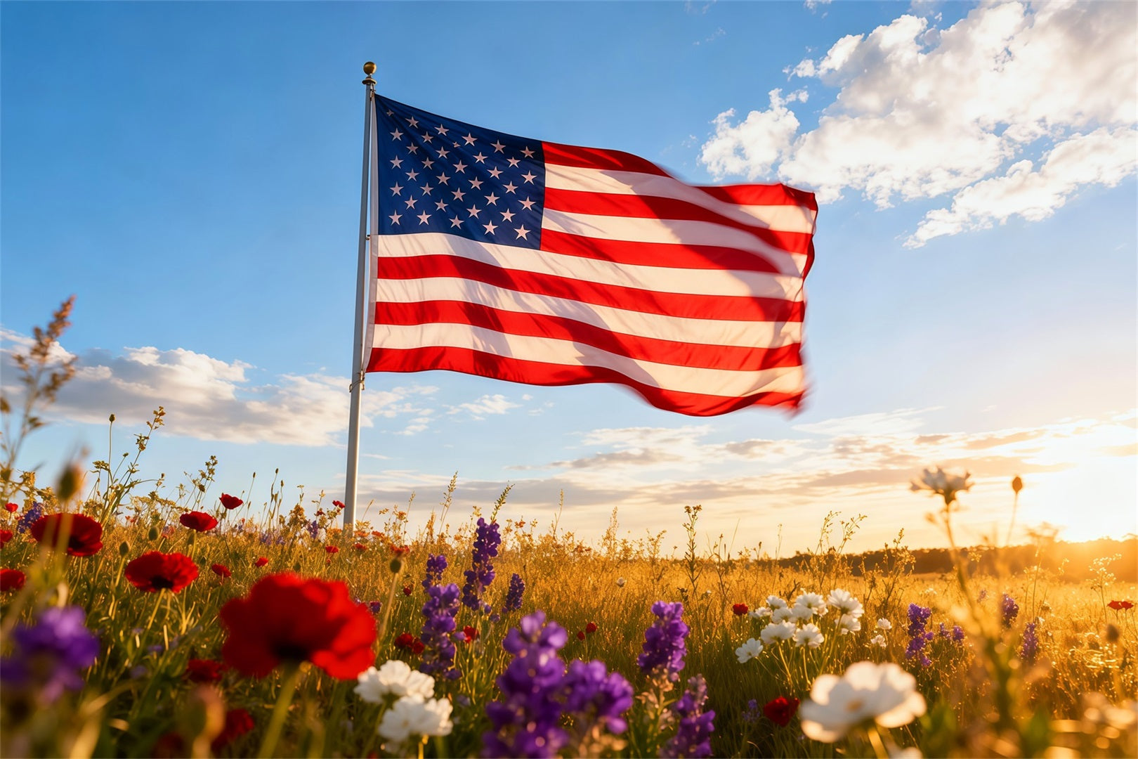 American Flag Photo Backdrop Sunlit Meadow Wildflower Clouds Independence Day Backdrop LXX62-13