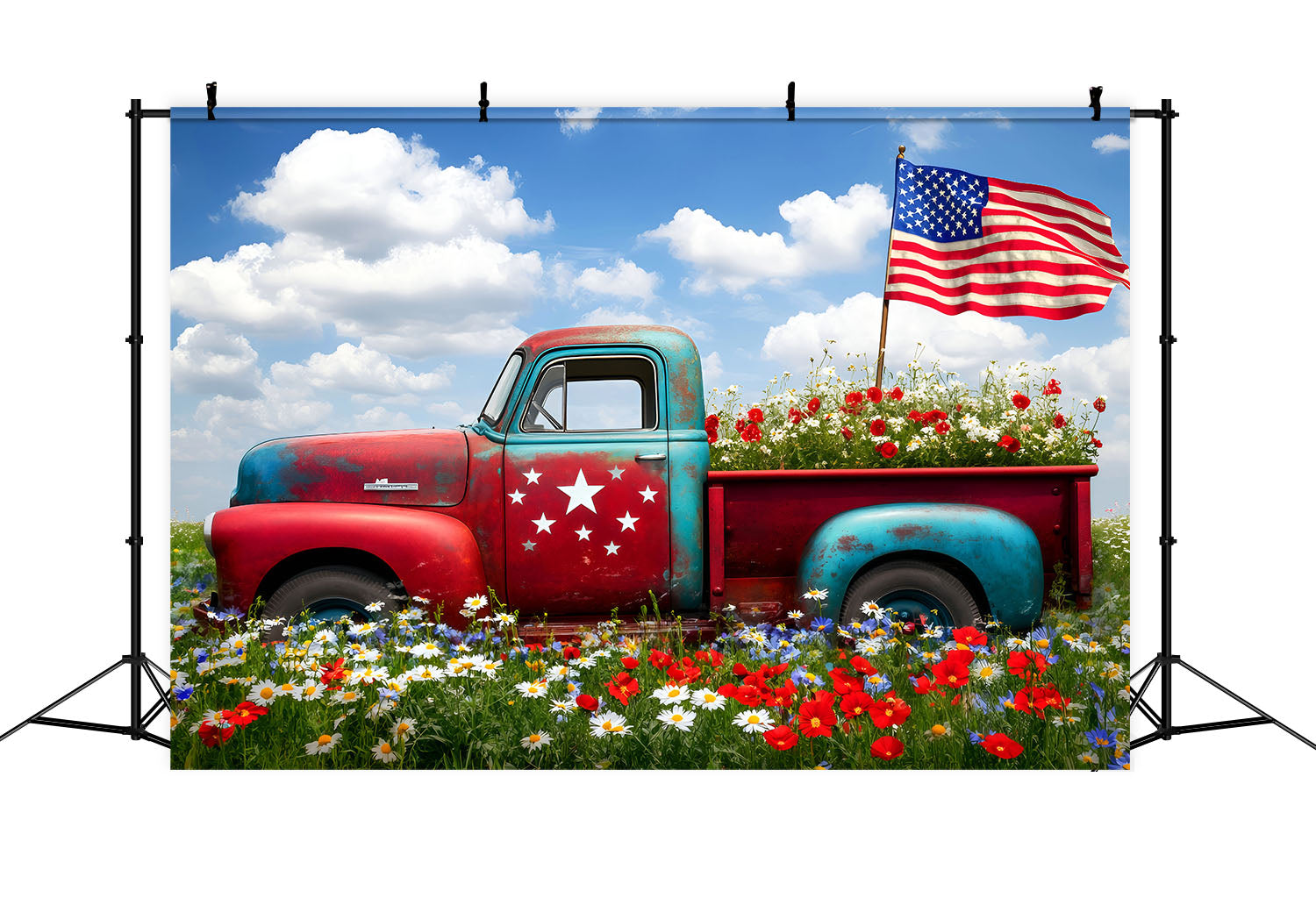 American Flag Photo Backdrop Vintage Truck Wildflower Field 4th of July Photo Backdrop LXX62-17