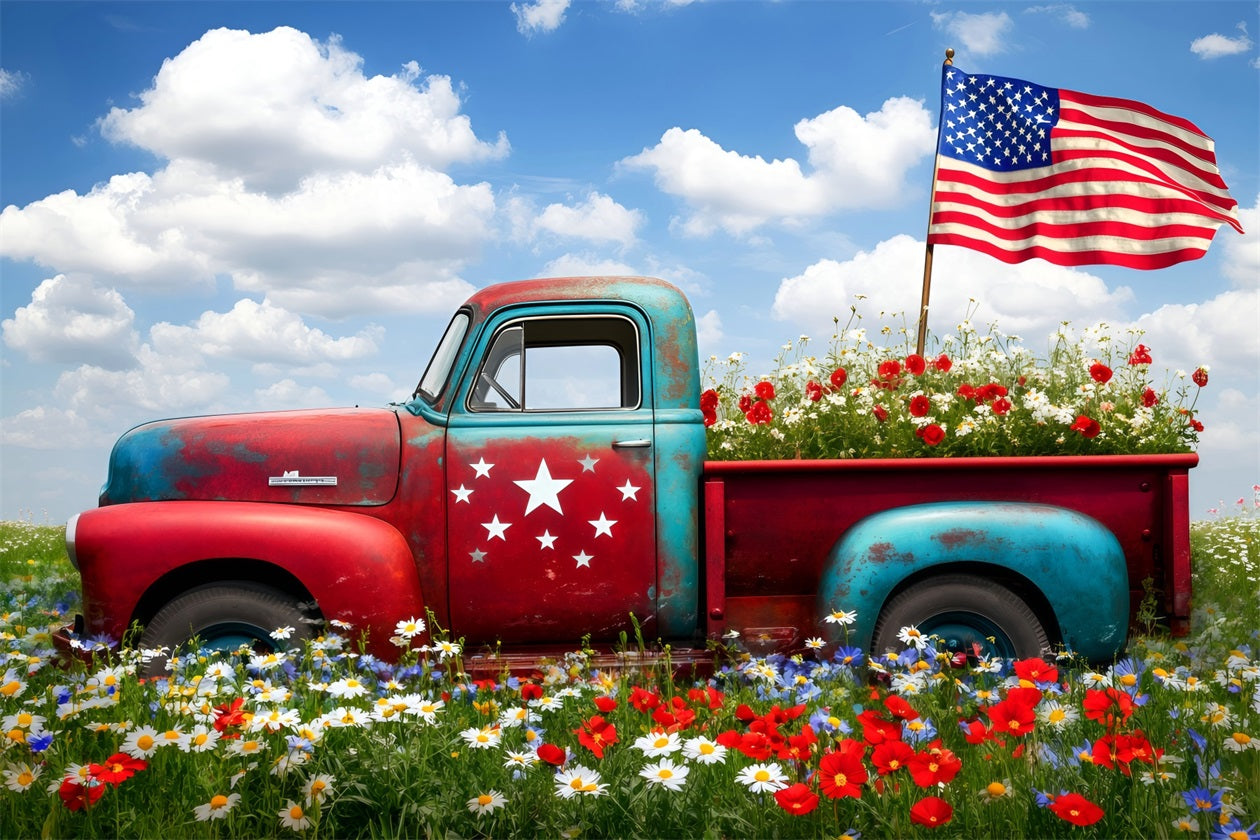 American Flag Photo Backdrop Vintage Truck Wildflower Field 4th of July Photo Backdrop LXX62-17