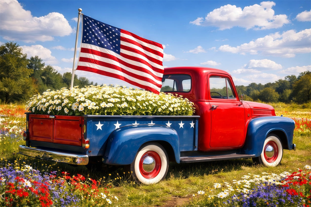 US Flag Backdrop Classic Pickup Daisy Meadow Independence Day Backdrops LXX62-18