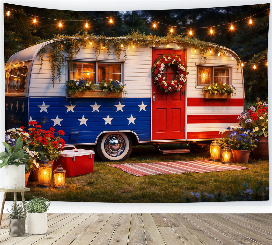 USA Flag Backdrop Patriotic Camper Garden Lights 4th of July Photography Backdrops LXX62-19