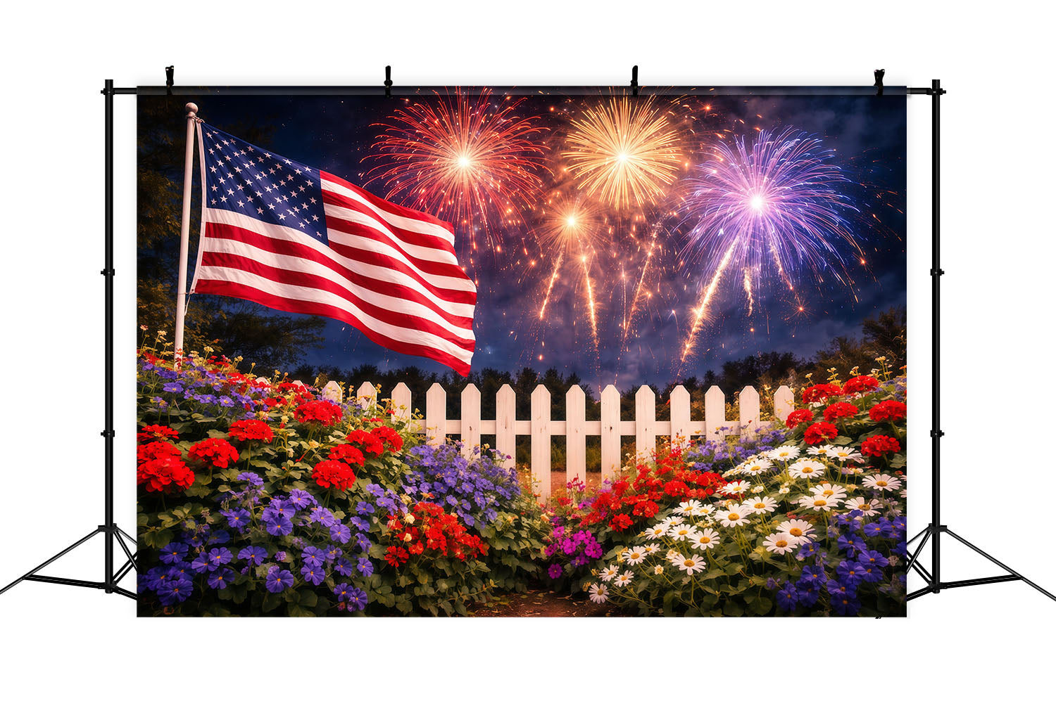 US Flag Photo Backdrop Flower Garden White Fence 4th of July Fireworks Backdrop LXX62-20