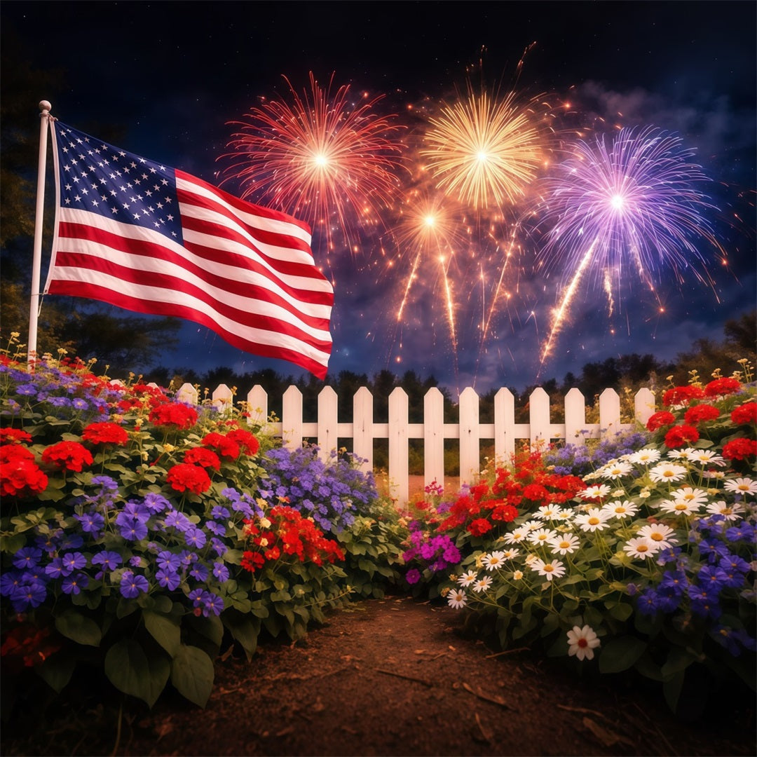US Flag Photo Backdrop Flower Garden White Fence 4th of July Fireworks Backdrop LXX62-20