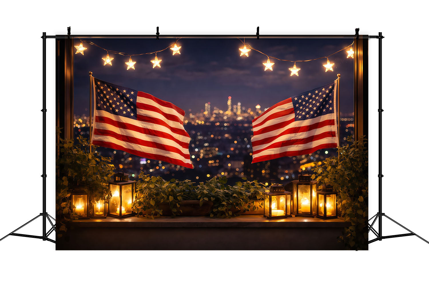 American Flag Backdrop Photography Lantern Balcony City Glow 4th of July Backdrop LXX62-22