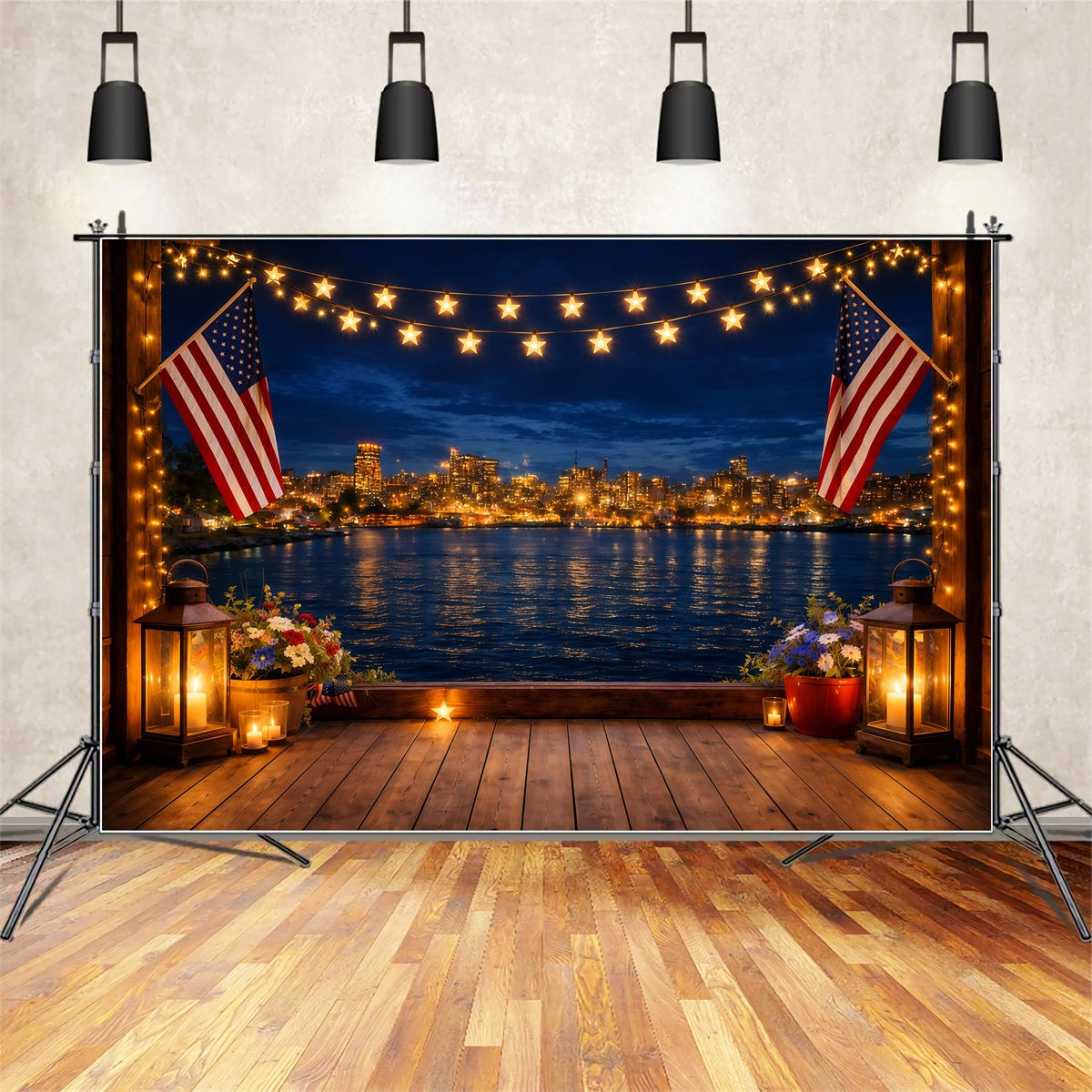 American Flag Photo Backdrop Waterfront Deck Star Lights Independence Day Backdrops LXX62-23