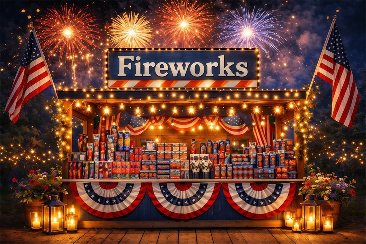 American Flag Backdrop Glowing Fireworks Night Booth Independence Day Backdrop LXX62-27