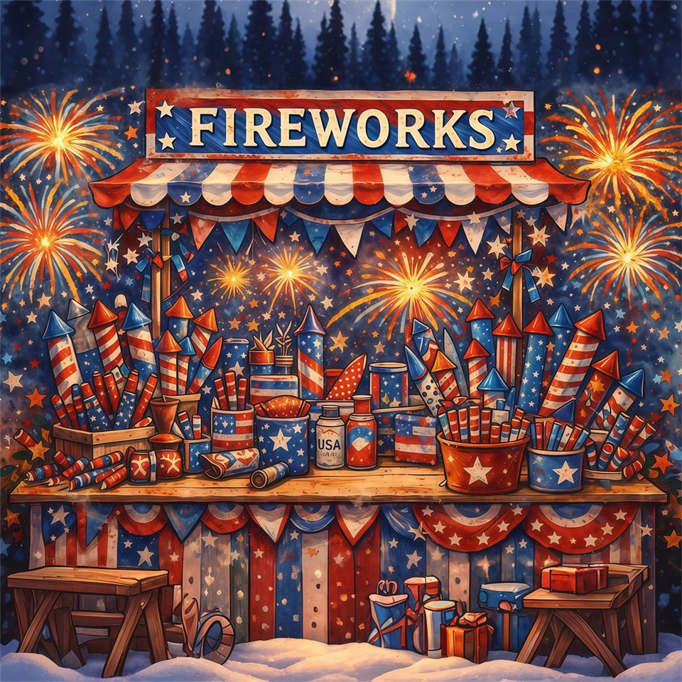 US Flag Backdrop Vintage Illustrated Fireworks Stall Independence Day Backdrops LXX62-28