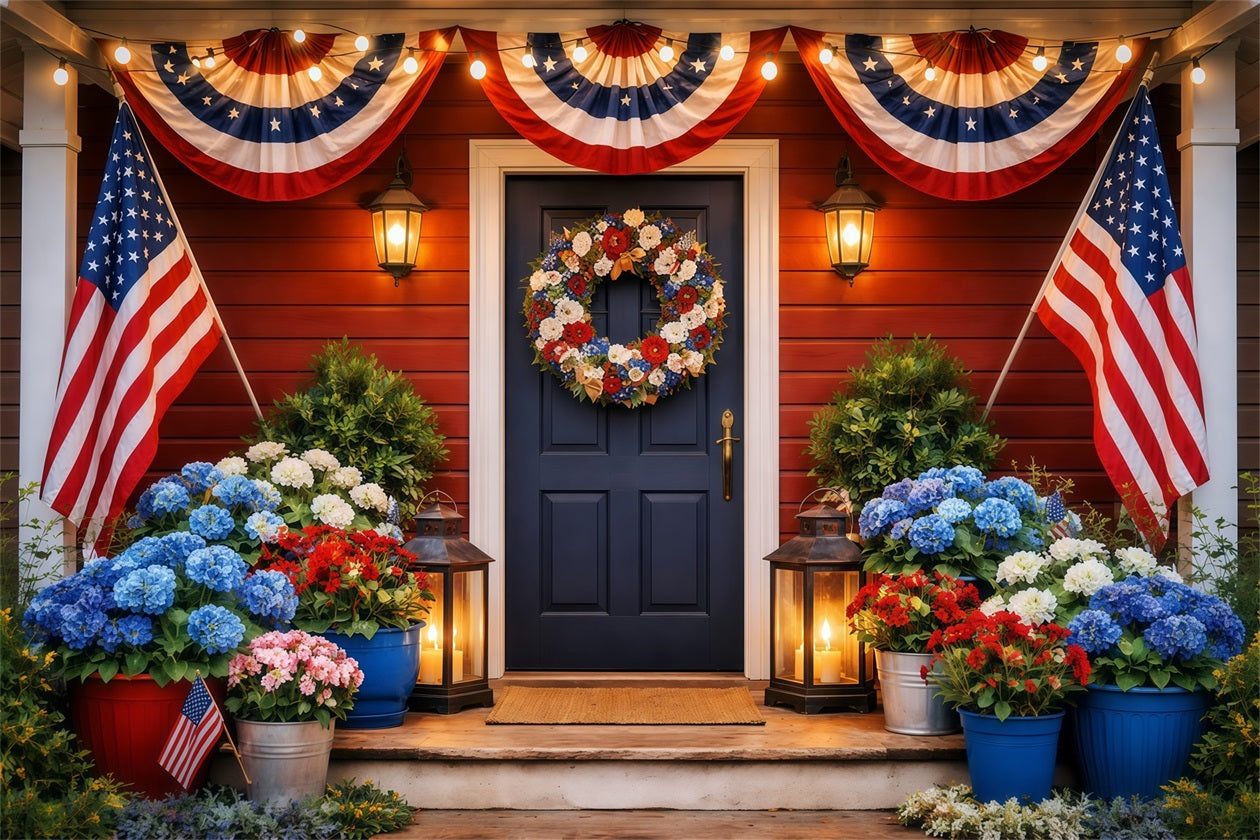 US Flag Photo Backdrop Festive Front Porch Americana Independence Day Backdrops LXX62-30