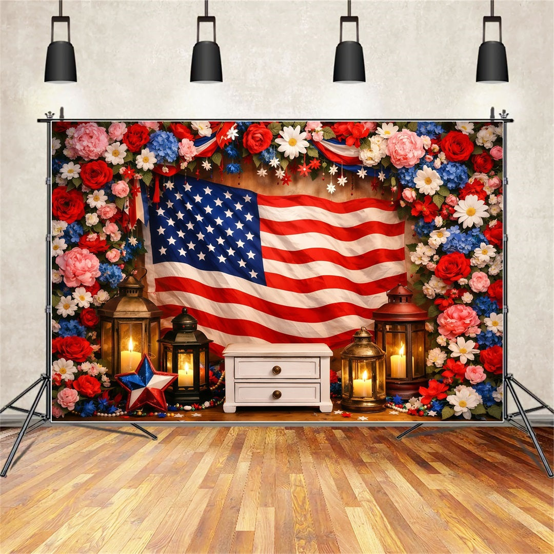 American Flag Backdrop Floral Framed Wood Display 4th of July Backdrop Photography LXX62-31