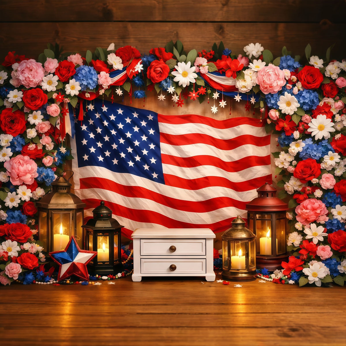 American Flag Backdrop Floral Framed Wood Display 4th of July Backdrop Photography LXX62-31