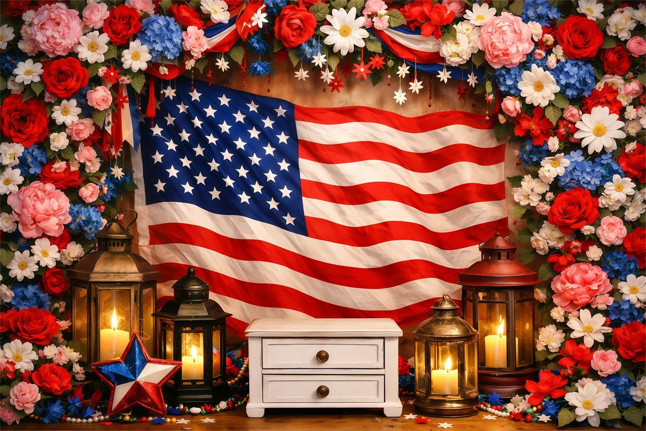 American Flag Backdrop Floral Framed Wood Display 4th of July Backdrop Photography LXX62-31
