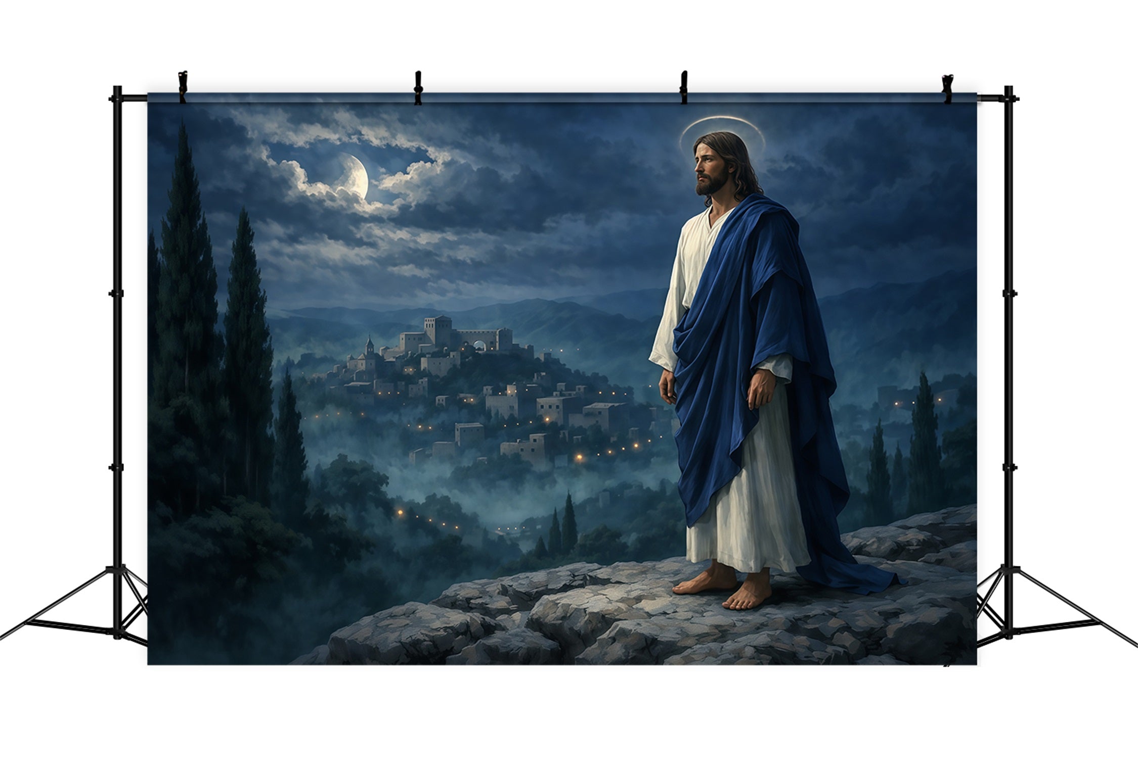 Church Easter Photo Backdrop Moonlit Messiah Mountain Village Easter Backdrop LXX62-32