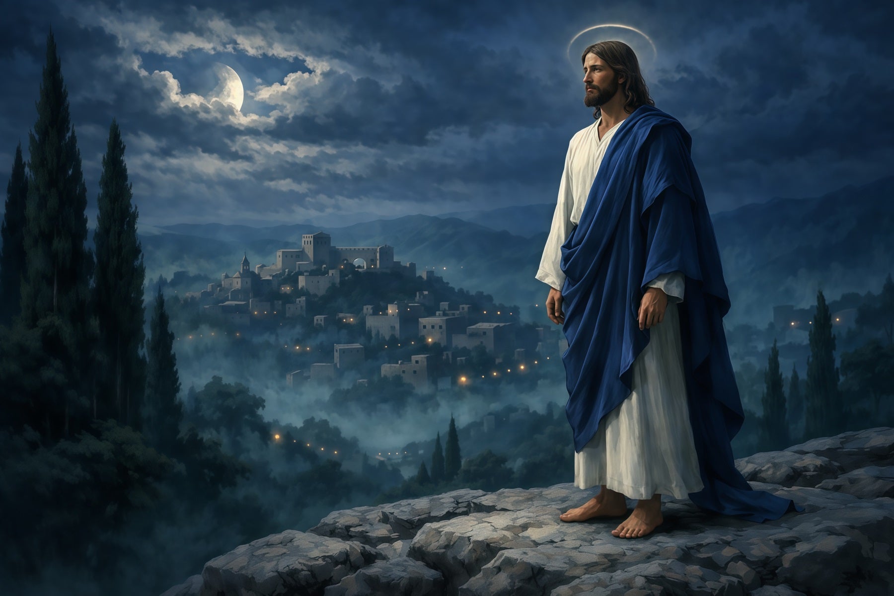 Church Easter Photo Backdrop Moonlit Messiah Mountain Village Easter Backdrop LXX62-32