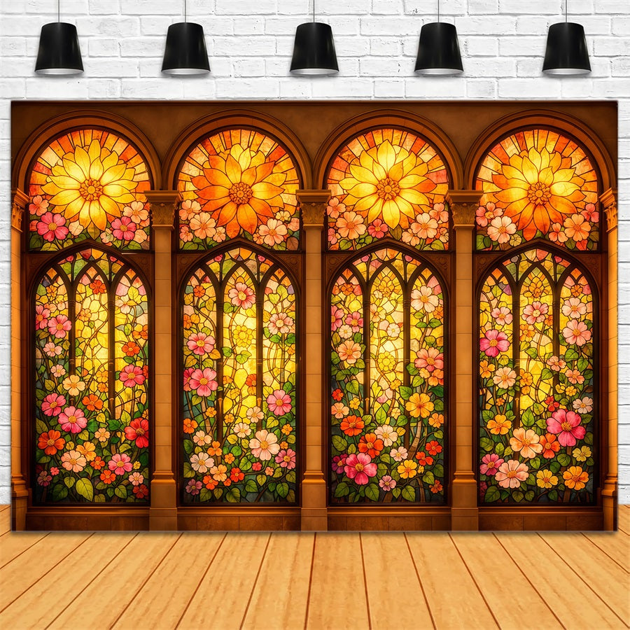 Stained Glass Backdrop Golden Floral Cathedral Windows Easter Photo Backdrop LXX62-33