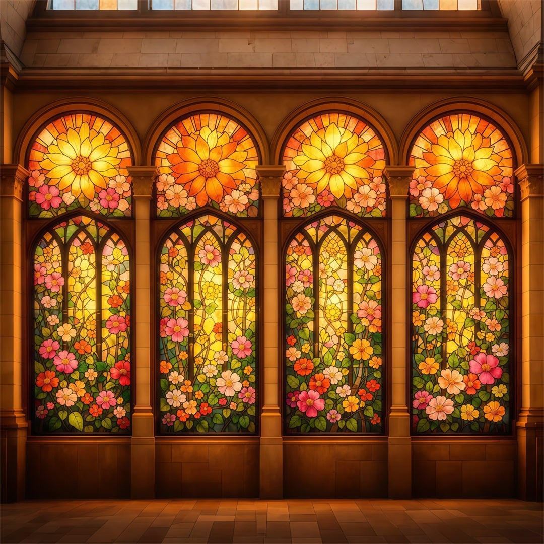 Stained Glass Backdrop Golden Floral Cathedral Windows Easter Photo Backdrop LXX62-33