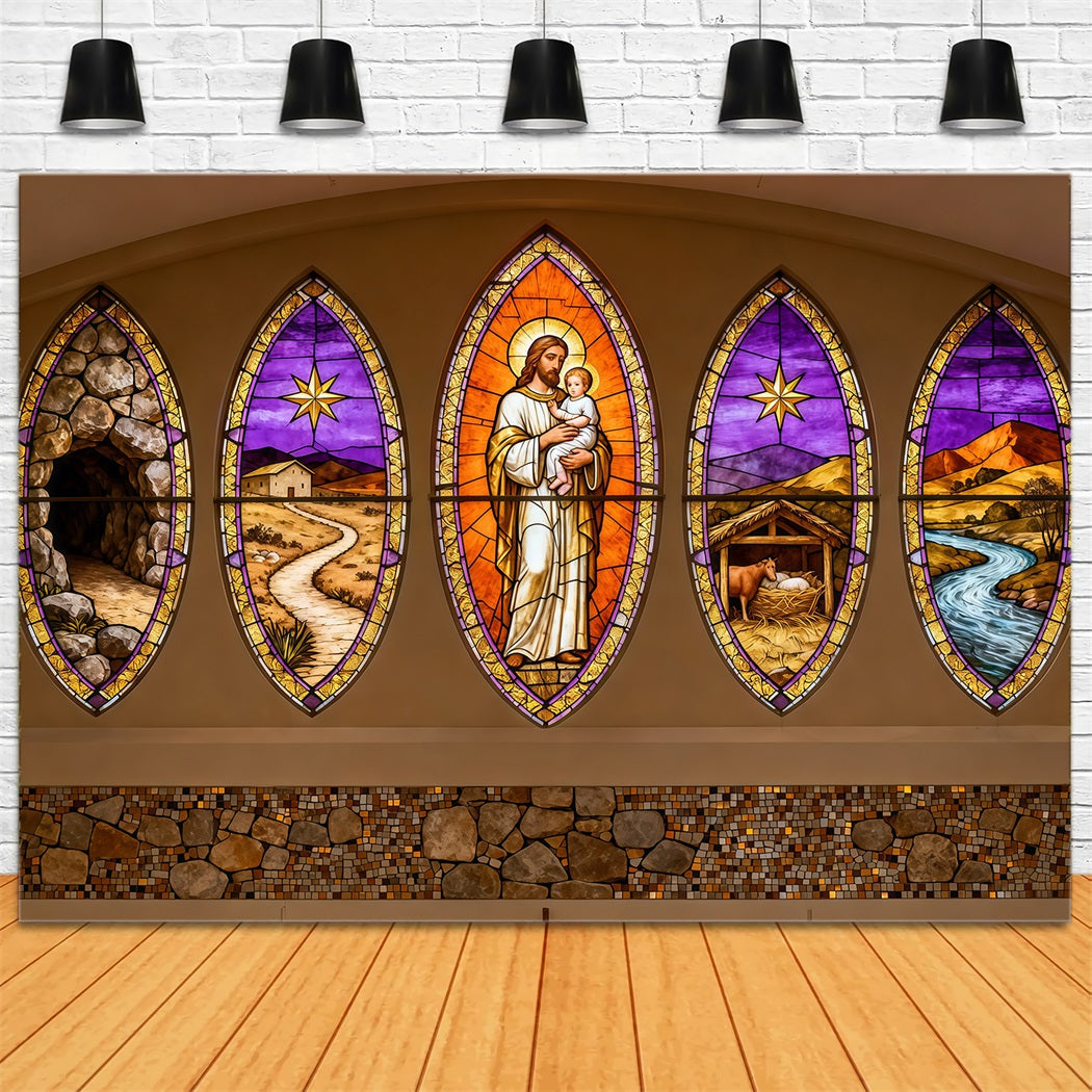 Easter Church Photo Backdrop Resurrection Shepherd Stained Glass Panels Easter Backdrops LXX62-35