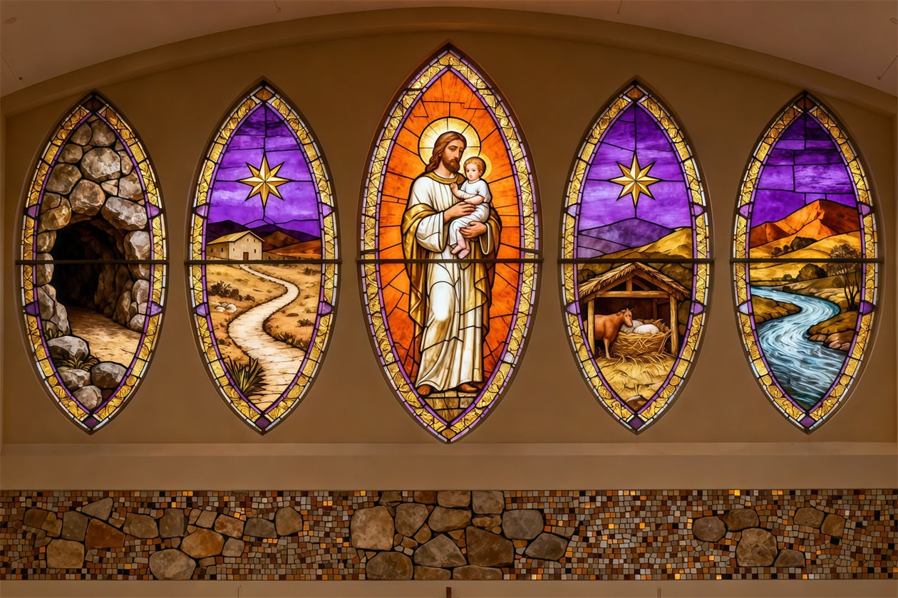 Easter Church Photo Backdrop Resurrection Shepherd Stained Glass Panels Easter Backdrops LXX62-35