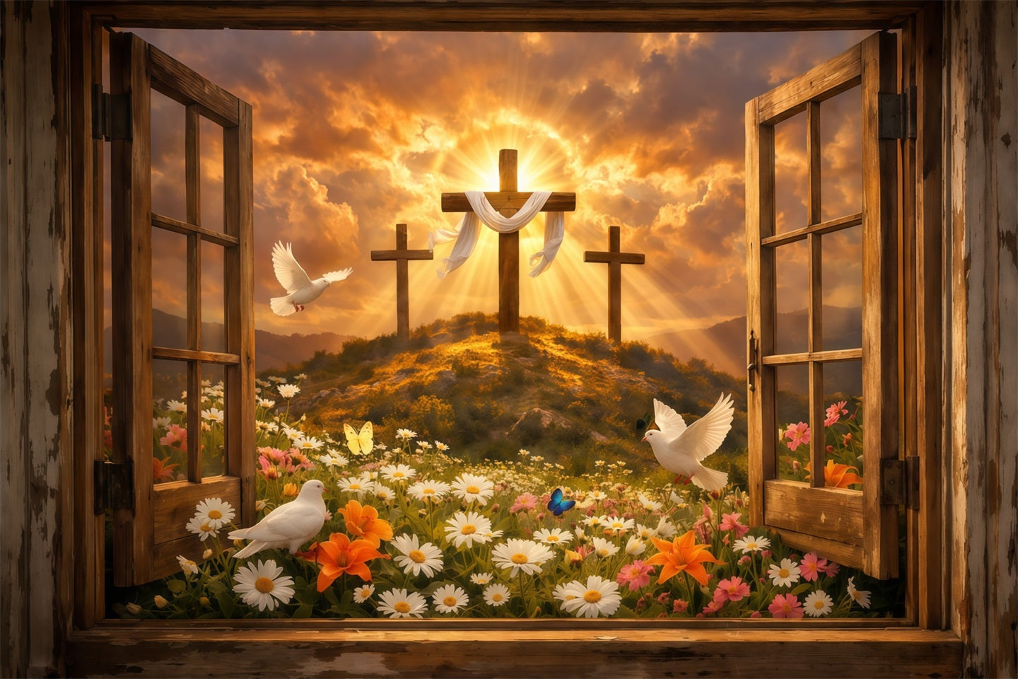 Easter Church Backdrop Resurrection Hill Sunrise Open Window Easter Ph