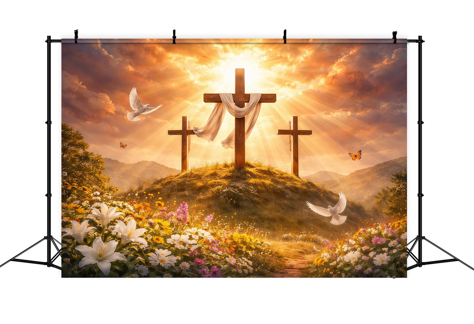 Easter Church Backdrop Golden Glory Three Crosses Meadow Easter Photo Backdrops LXX62-38