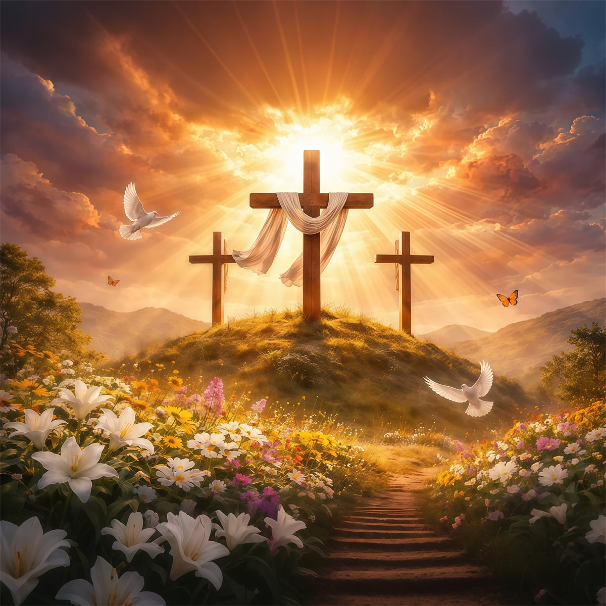 Easter Church Backdrop Golden Glory Three Crosses Meadow Easter Photo Backdrops LXX62-38