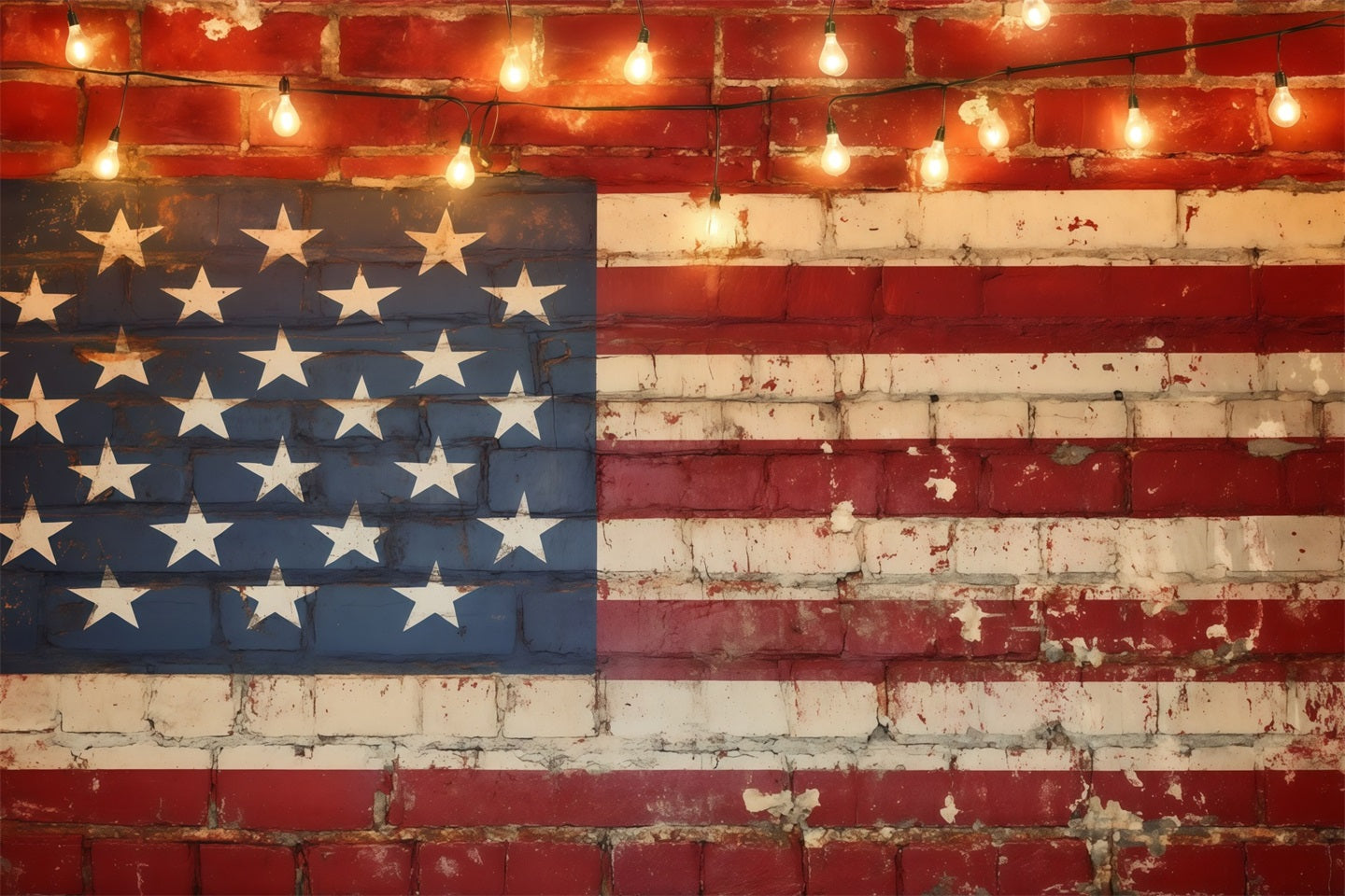 American Flag Backdrops Brick Wall String Lights Independence Day Backdrops LXX62-4